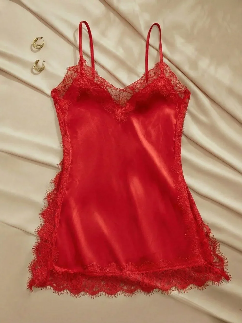 Red Sexy Women's French Chic Lace detailed Spaghetti Strap Nightgown